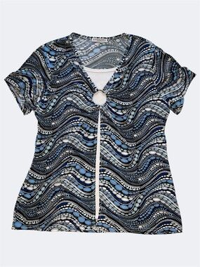 Hannah Jones Blue and White Split Front Wavy Patterned Short Sleeve Top